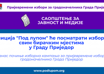 The Coalition for Free and Fair Elections “Pod lupom” will observe the elections at all polling stations in the City of Prijedor